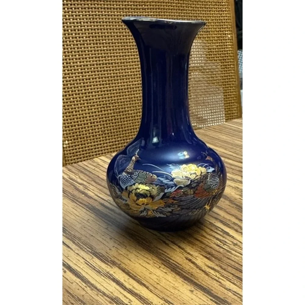 Vintage Cobalt Blue Porcelain Peacock Bud Vase Gold Gilt Floral Chinoiserie 6in